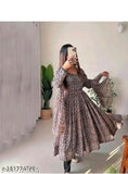 Maoon color georgette gown, long sleeves, printed net, faux Georgette with rich digital print, full sleeves, round neck, cotton lining. Size: L (Bust 40in, Length 50in, Waist 42in), XL (Bust 42in, Length 50in, Waist 44in), XXL (Bust 44in, Length 50in, Waist 46in). Made in India