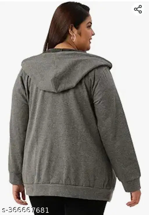 Dark grey fleece zipper hoodie for plus size women, stylish and comfortable clothing