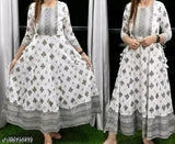 White gold print rayon Anarkali kurti with three-quarter sleeves, vibrant Indian pattern on display. Available in sizes M-4XL (38in-48in bust)