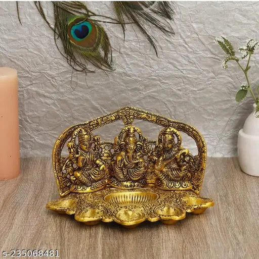 Metal Ganesha-Laxmi-Saraswati 5 Diya Set for Home, Temple, Office, & Gifts - Indian decorative art, 20cm x 12.5cm x 13.5cm