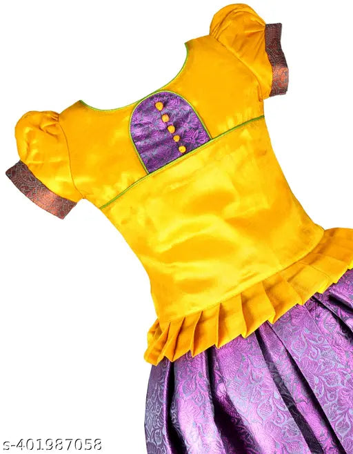 Embellished Aztec stitch tissue lehenga, art silk choli for baby girls (6-12 months), Indian traditional pattu pavadai dress