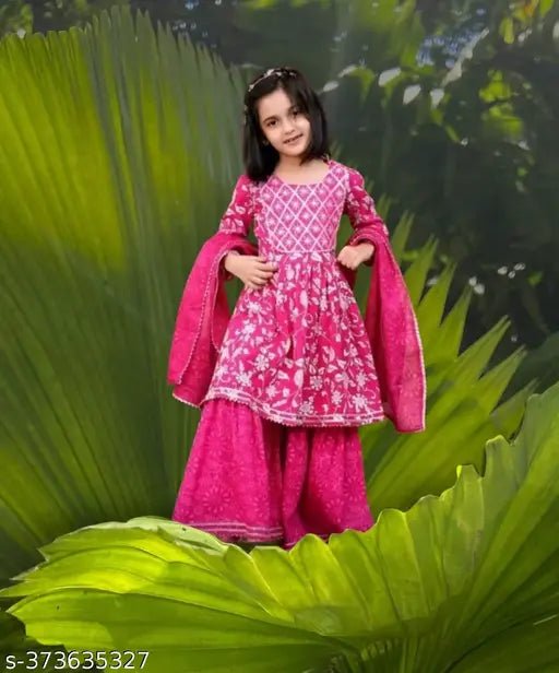 Bright floral print rayon-cotton Kurti-sharara-dupatta set for 7-8 years, featuring heavy gota lace and angarkha pattern, perfect for traditional ethnic wear