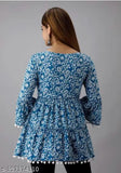 Blue viscose rayon three-quarter sleeve printed winter topper, country of origin: India