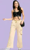 Solid cotton blend elastic waist cargo pants, perfect for indoor comfort and outdoor adventures