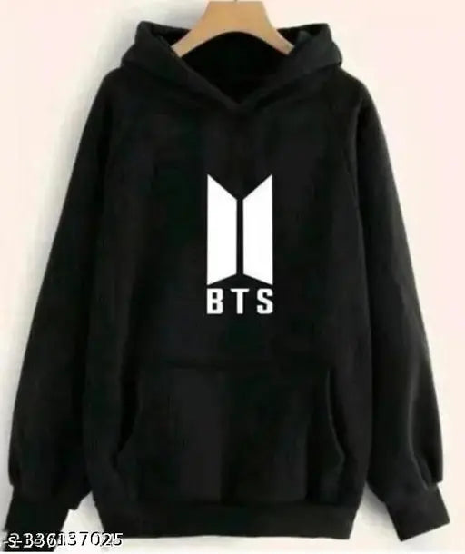 Black BTS printed hoodie, fleece material, long sleeves, stylish women's apparel from India