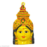 Metal yellow Ammavari face idol, 8" high, 4.5" wide, ideal for Varalakshmi Vratham worship, origin India
