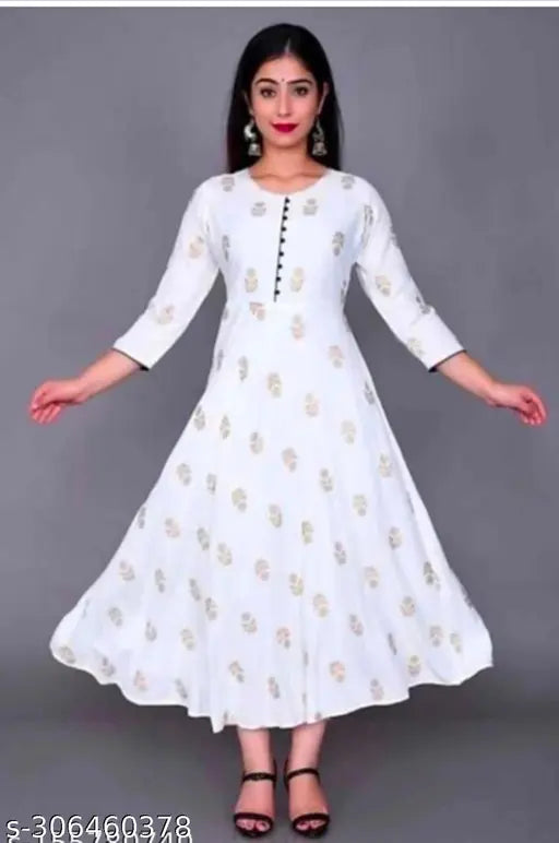 Gold-print rayon Anarkali Kurti, Indian traditional women's three-quarter sleeve outfit in various sizes