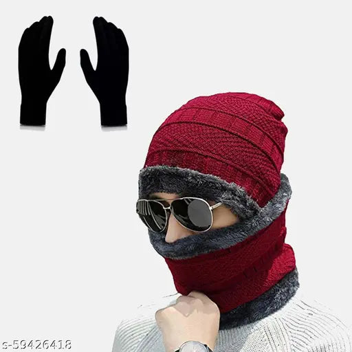 Red wool beanie with maroon neck scarf and matching glove