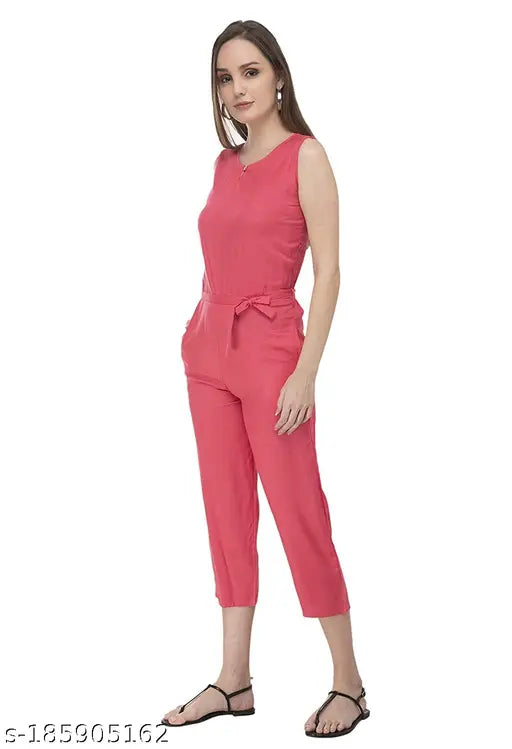 Black crepe women's full-length sleeveless jumpsuit, perfect for casual outings and weekend gatherings. Made in India