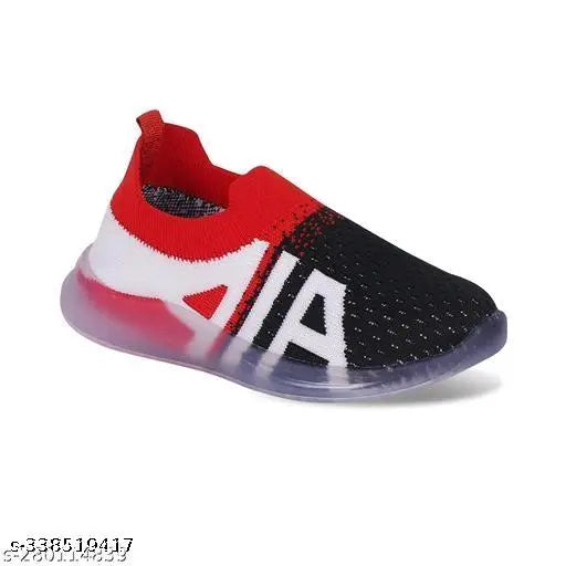 Black, red and white sneaker, kids shoe, breathable mesh fabric, cushioned sole