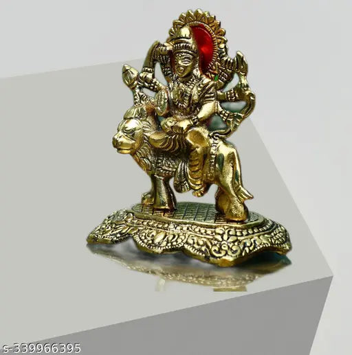 Gold-plated Metal Maa Durga Statue, 5-inch Durga Idol for Home Decor, Navratri pooja, Durga on Lion symbolizing power and blessings for health and wealth