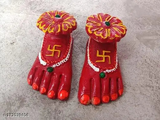 Red Terracotta Lakshmi Charan Paduka - Handcrafted Synthetic Resin Showpiece for Mandir Pooja & Diwali