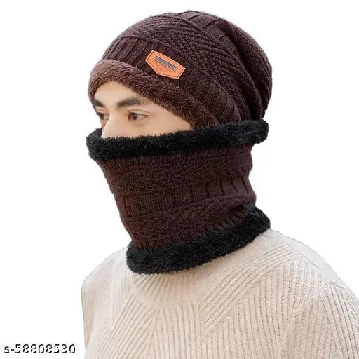 Brown woolen beanie cap & muffler scarf set, soft and versatile for men & women