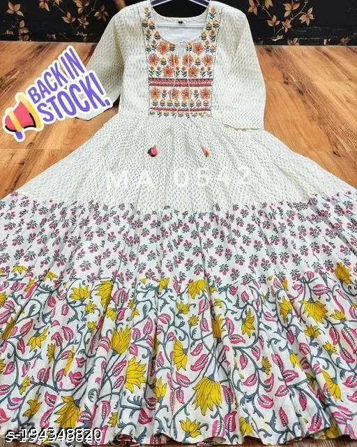 Multicolor Rayon Anarakali Floral Printed Kurti for Parties, three-quarter sleeves, white embroidery detail, Indian ethnic wear