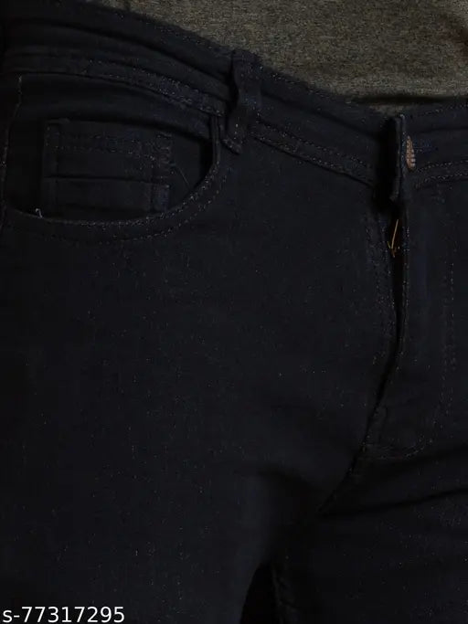 Solid black denim jeans for men by Lzard, stretchable and durable with comfortable pockets, perfect for casual, party, or office wear. Sizes available: 28, 30, 32, 34, 36, 38, 40, 42 (inches). Indian origin