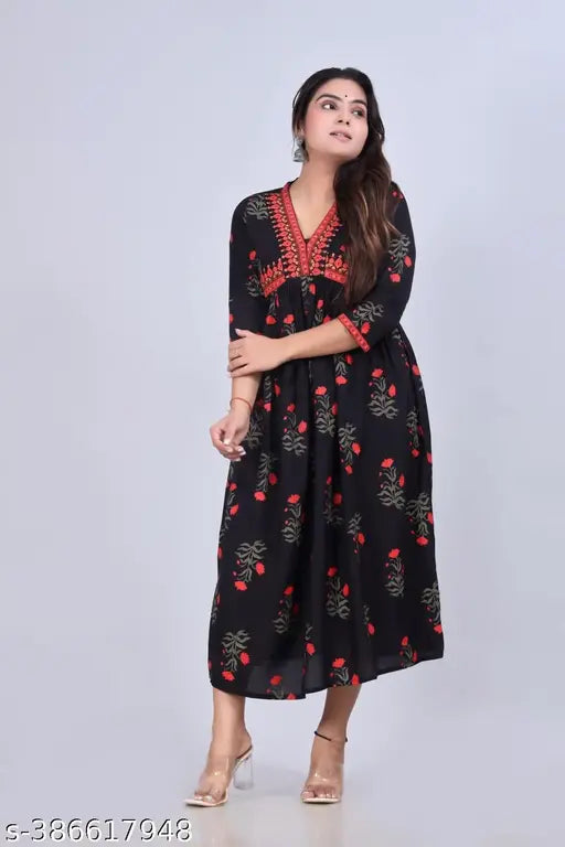 Black cotton rayon women's anarkali kurta, long sleeves, floral print