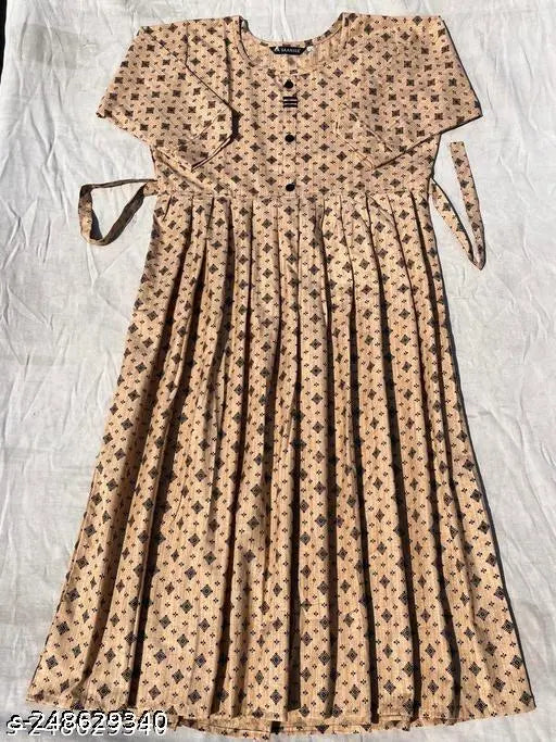 Designer cotton frock with three-quarter sleeves, printed combo. Single size options include S, M, L, 4XL. Indian-made fashion dress on hanger