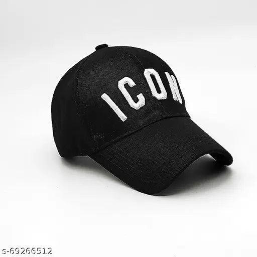 Modern cotton icon white embroidery cap black, solid design with printed pattern. Onesize adjustable baseball cap for men and boys. Indian brand