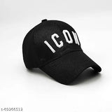 Modern cotton icon white embroidery cap black, solid design with printed pattern. Onesize adjustable baseball cap for men and boys. Indian brand