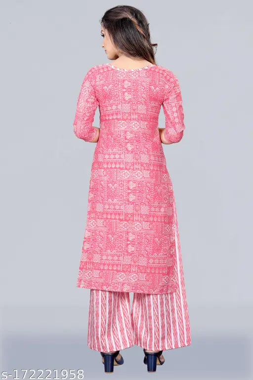 Magic Slub Cotton Round Neck Kurta Palazzo Set, printed net cotton blend, three-quarter sleeves. XS size, Indian fashion for women