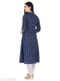 Indigo Blue Motif Print Cotton A-Line Kurta for Women - Sleek and comfortable everyday wear, featuring stylish indigo motifs. Handcrafted in India