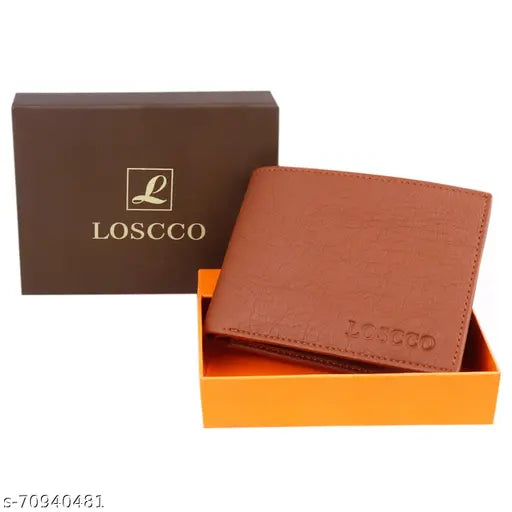 Faux leather tan wallet with 2 compartments and 3 card slots, latest design from Loscco, free size (12cm x 9cm), India origin