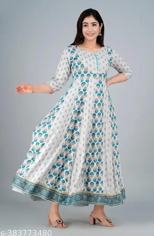 Grey rayon anarkali kurta with butti print, three-quarter sleeves, Indian fashion