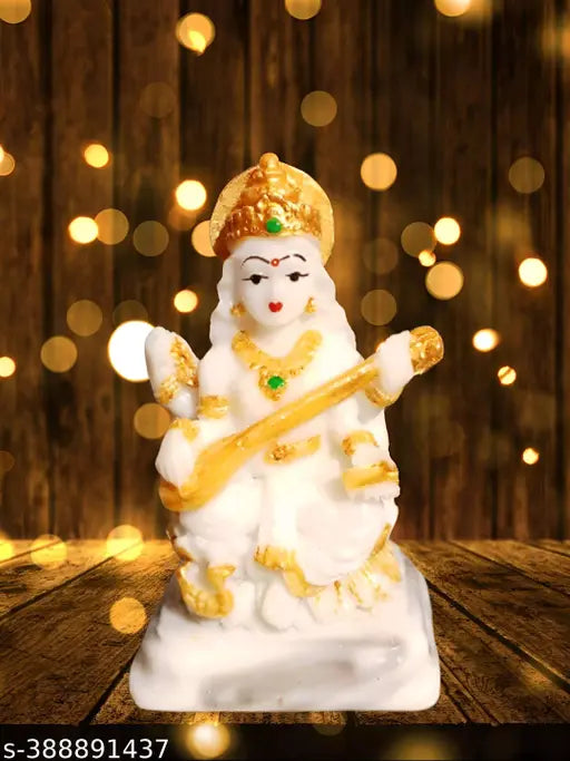 Marble dust Saraswati Maa Murti, decorative home pooja room showpiece (4x2.3 inches)