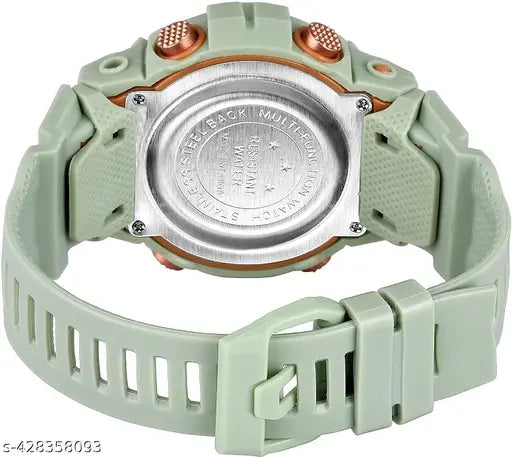 Green digital watch with silicone band, blue buttons and screen