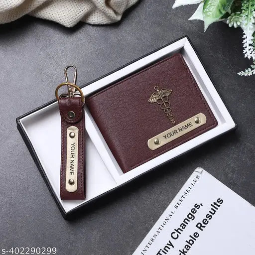 Faux leather men's wallet keychain with personalized name, solid color design, features five compartments. Free size (L: 24cm, W: 10cm). Handcrafted in India