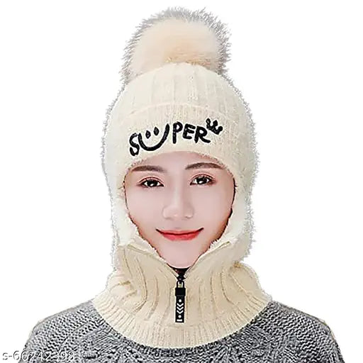 Wool winter unisex beanie cap, smiling face on zipper, pom pom trim