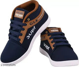 Navy blue shoe with white sole, high ankle design