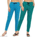 Two-piece cotton print women's pajamas in blue, green, and patterned colors
