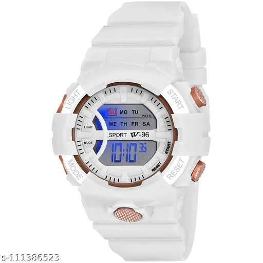 White digital sports watch, multifunctional for boys and men, features stopwatch, date, weekday, backlight, resistant, waterproof, shockproof, anti-magnetic, 24Hr time display, 3WCS2630 brand, white pearl design