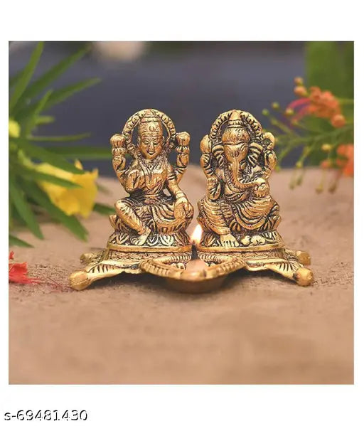 Metal gold-plated Laxmi Ganesh Chocki Diya God idol, 15x10x12 cm. Traditional, antique finish, Indian handcrafted religious gift for Diwali