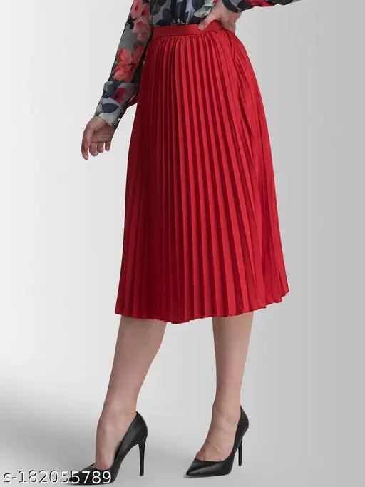 Red woven fabric mid-length women's skirt with flared hem and ruched waistband