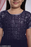 Denim embroidered net ethnic gown for girls, short sleeves, trendy western wear midi length party dress, size 3-4 years, India origin
