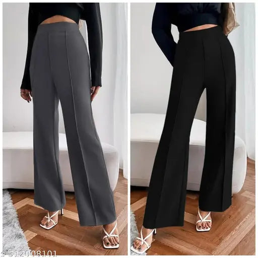 Black trousers, high-waisted, pleated details, fitted legs