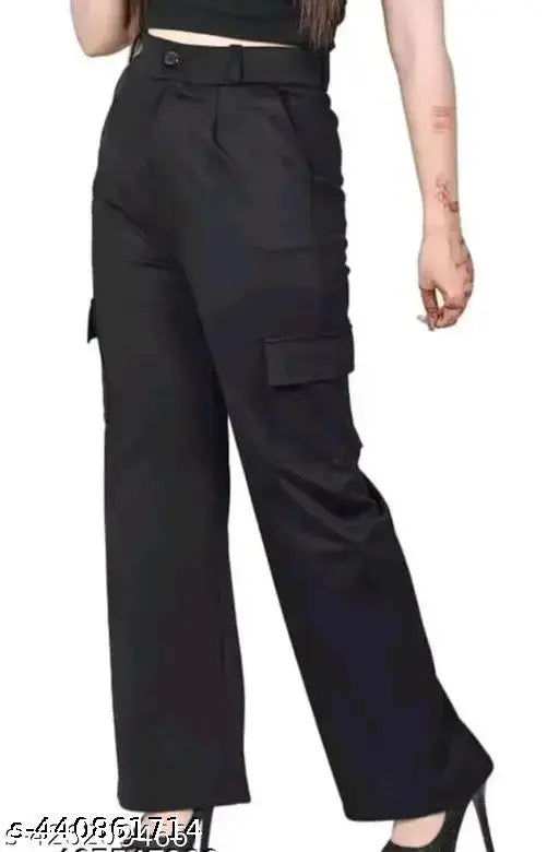 Black cotton blend cargo pants - trendy, comfortable women's trouser, solid design, affordable fashion from India