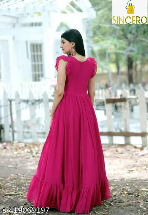Georgette floral embroidered anarkali gown, long and full fit & flare style with short sleeves, Indian bridal wear