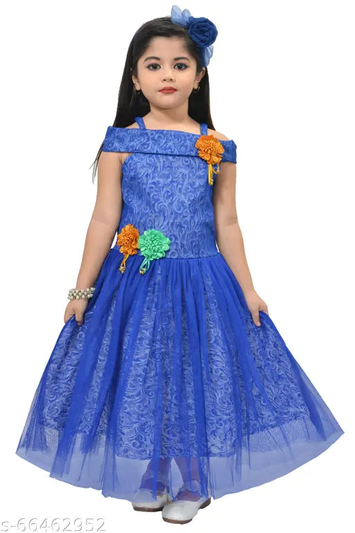 Blue lace dress with floral trim and blue flower corsage, child's formal attire