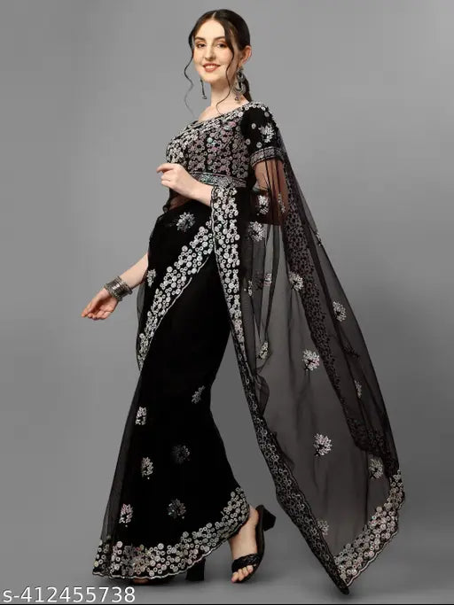 Black embroidered multi sequence flower net saree with separate blouse, Indian traditional attire for women