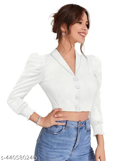 Women's long-sleeve polyester t-shirt in solid design, trendy crop top style. Size: S(34), M(36), L(38), XL (40) from India