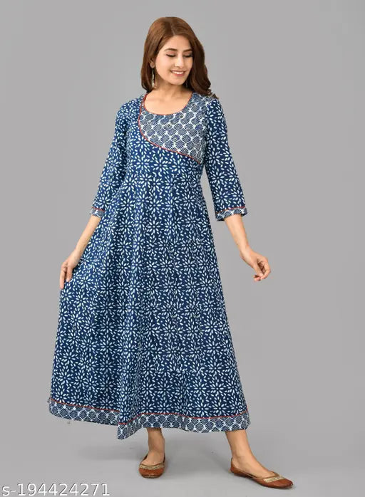 Fabulous polka dot print long cotton Anarkali Kurta for women, three-quarter sleeves, trendy yoke work, India origin
