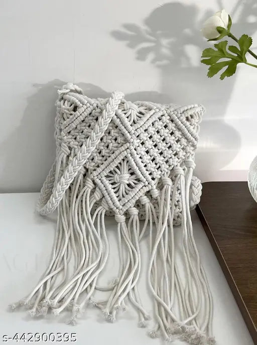 White tassel Macrame knotted work cross bag