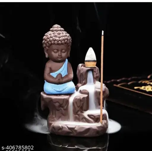 Blue Buddha JI incense holder (12cm height, red & brown resin), decorative showpiece with 21 free smoke cones. Ideal for home, temple, office, car dashboard, pooja, and special occasions