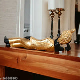 Resin resting Buddha on knee showpiece, Indian handcrafted metal statue (33x10.5x10cm)
