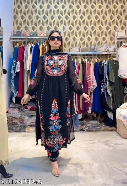 Party wear look, heavy faux Georgette top & dupatta set with three-quarter sleeves, embellished with riyal mirror work and embroidery, Indian festive fashion on display