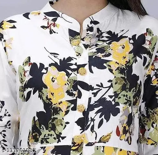 Stylish long rayon kurti, printed combo, three-quarter sleeves - M (38in bust, 48in length), Indian women's ethnic fashion