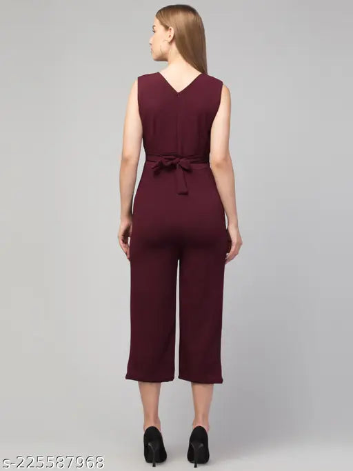 Women's wine red cotton blend pleated jumpsuit, sleeveless partywear from TIGER STYLE on display